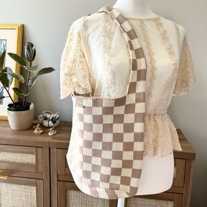 KOPARI Checkered Knit Handbag tan and cream